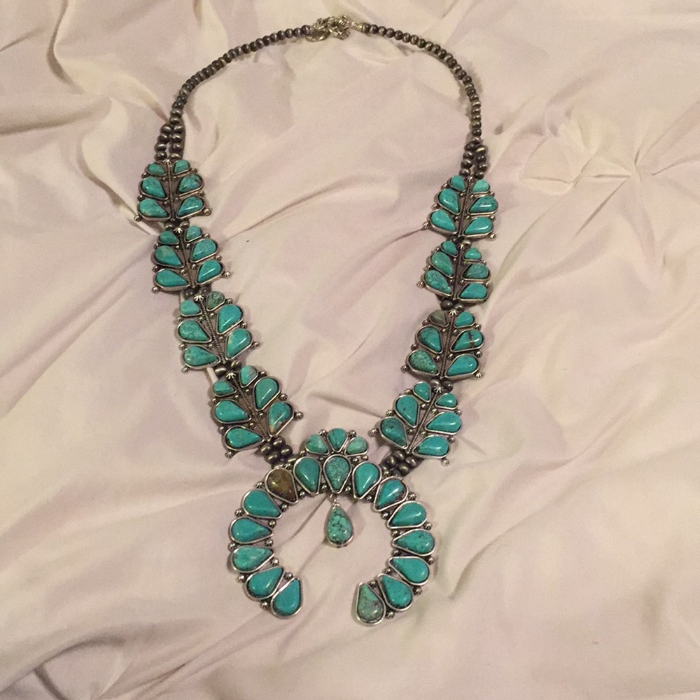 Turquoise Teardrop Squash Blossom Necklace - Women Jewelry Necklaces